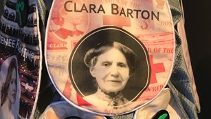 Decorated fabric panel with a portrait and name of "Clara Barton"