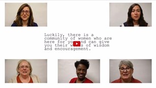 Screenshot from a video with five photos of people and text on the screen