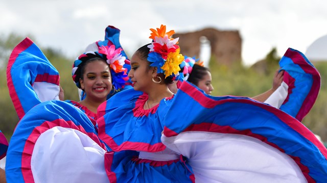 Folklorico dancers near mission ruins