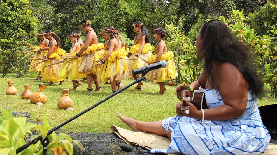 Guitarist playing to a line of hula dancers