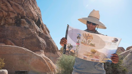 Visitor reading brochure in the desert