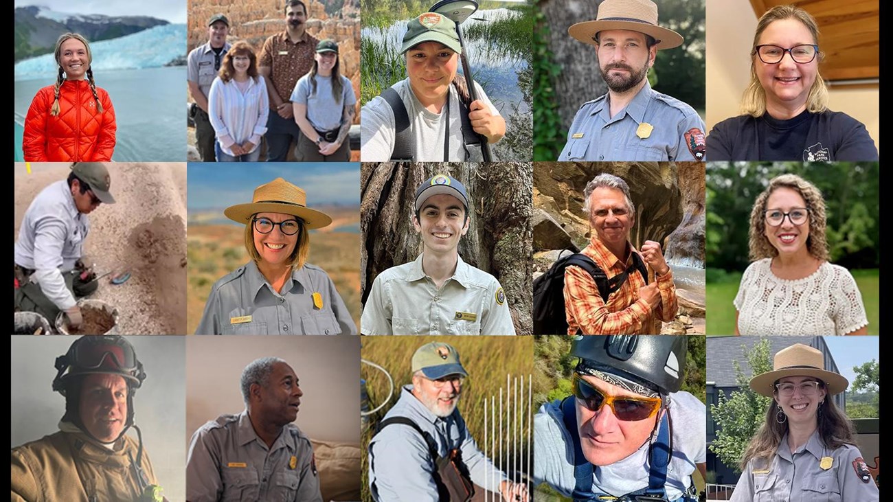 A photo collage of 12 park rangers.