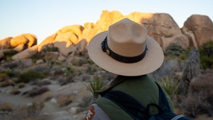 Back of a ranger hat on a ranger in the desert