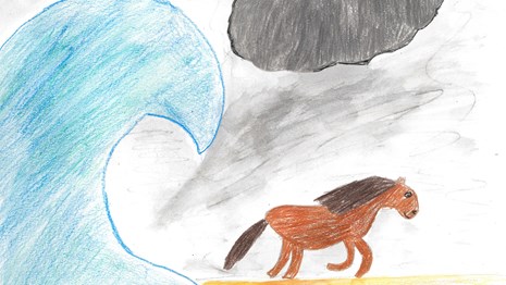 Kid's drawing of a horse on a beach running away from a big wave in a rainstorm