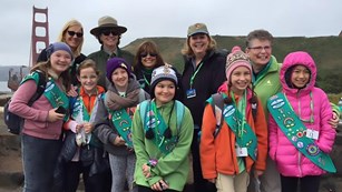 Group of Girl Scouts and National Park Service staff near the Golden Gate Bridge