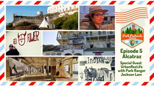 Postcard featuring a collage of historic scenes from Alcatraz Island.
