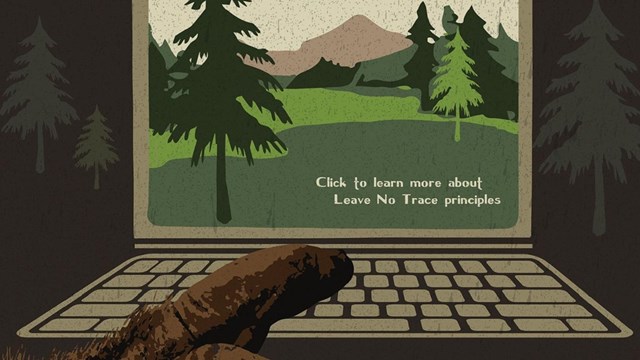 Illustration of a Sasquatch hand on a laptop looking at national park information