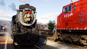 Train decorated with a holiday wreath
