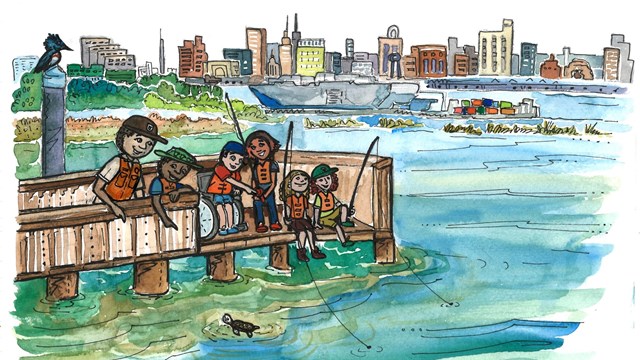 Cartoon of kids fishing on a pier