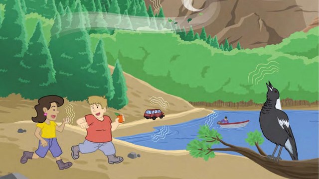 Illustration of kids running in nature near a pond with animals making noises