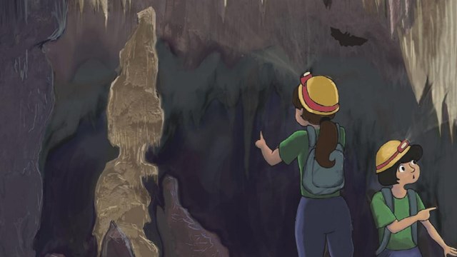 Illustration of two kids exploring a cave