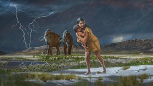 Illustration of a woman carrying a child during a storm with prehistoric animals nearby