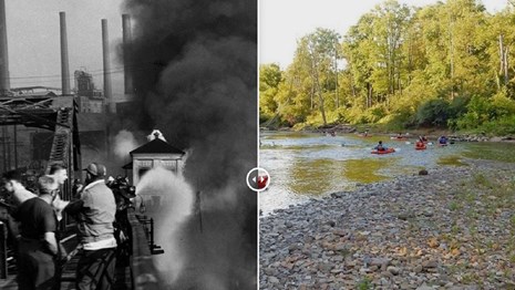 Black and white photo of a river on fire next to a modern photo of kayakers on a river