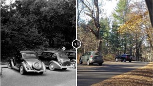 Black and white photo of historic cars next to a color photo of modern cars