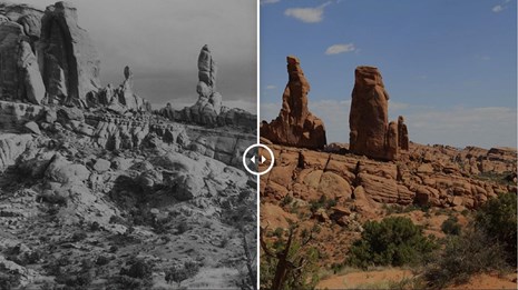 Black and white photo of geologic desert features compared with a modern photo