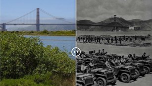 Color photograph of the Golden Gate Bridge area compared with a historical image