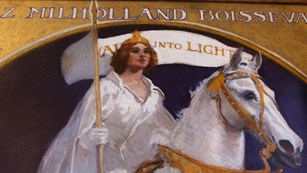 Painting of a suffragist on a horse
