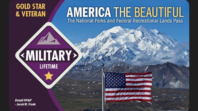 Military Lifetime pass featuring a photo of a U.S. flag in front of a mountain