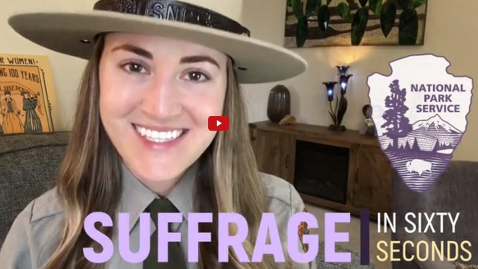 Screenshot for video of "Suffrage in Sixty Seconds" video previewing a ranger and the NPS logo