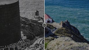 Two meshed images of a historic lighthouse on a cliff by an ocean in the past and today