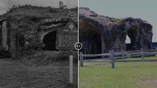Two meshed photos of the ruins of a brick fort in the past and today