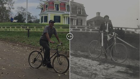Meshed images of a park ranger riding a bike in front of a house next to a historic version