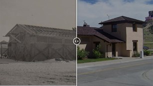 Two meshed photos of a ranch house in the past and today