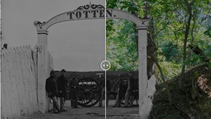 Two meshed images of a fort gate during the Civil War and today