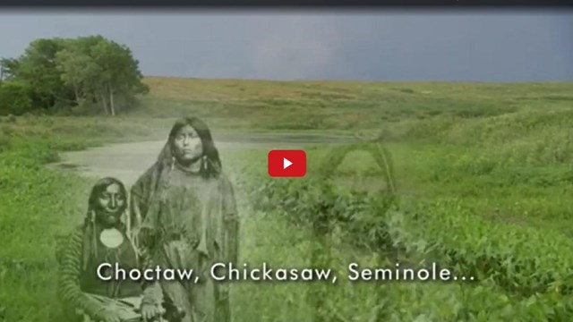 Historic photos of Native Americans over a modern photo of a prairie