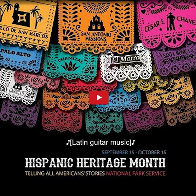 Video screenshot that includes an illustration of papel picado of national parks