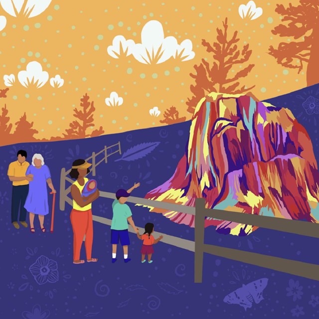 Illustration of a multi-generational Latino family admires a large petrified Redwood stump