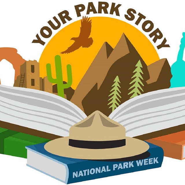 Graphic of various park-related images over an open book, text: Your Park Story National Park Week