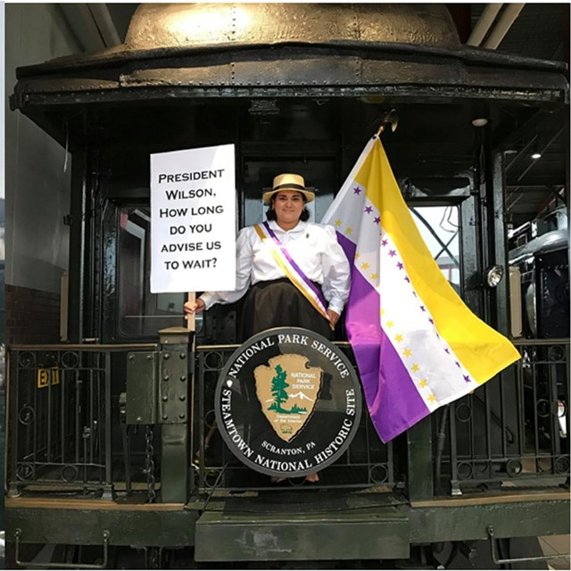 Flor Blum in front of a train next to a picture of Flor Blum standing holding suffragism flags
