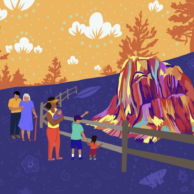 Illustration of people visiting geological features