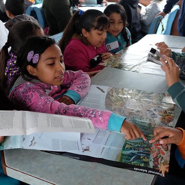 group of students reading materials at a table