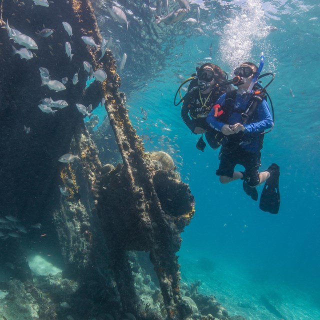 Two people dive next to a shipwreck.