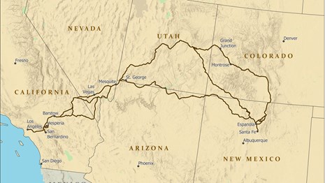 A map depicting a trail west from Santa Fe to Los Angeles.
