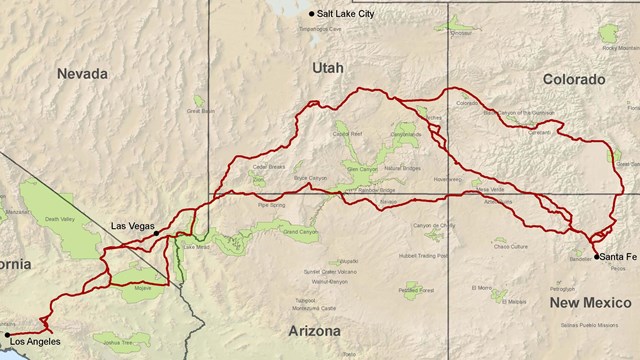 A map depicting a trail leading from Santa Fe, south west to Los Angeles.