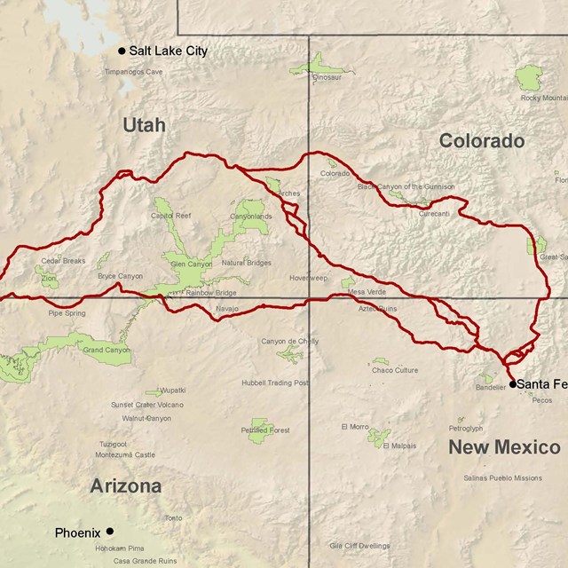 A map depicting a trail leading from Santa Fe, south west to Los Angeles.