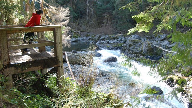 A person stands on a wooden overlook looking at a waterfall below.