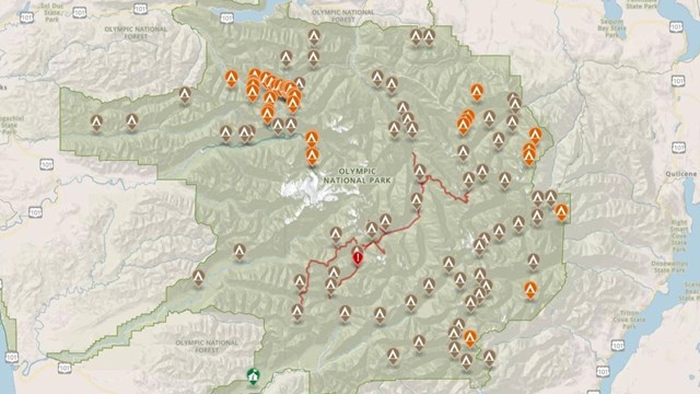 An interactive map showing backpacking campsites in Olympic National Park