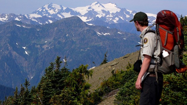 Backpacker overlooking a mountain vista.