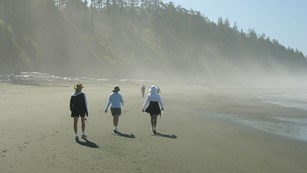 Three people walk along a beach on a sunny day.