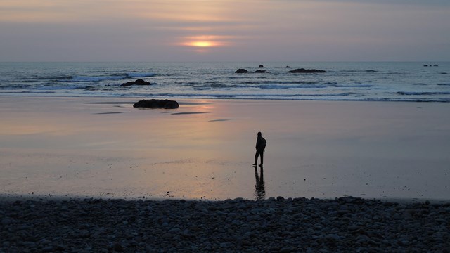 A person walking on the beach at sunset.