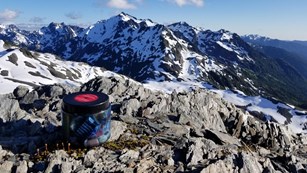 A bear-proof canister sits on a rocky area with snow-capped mountains in the distance.