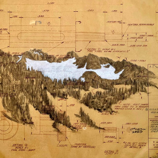 A pencil drawing of a mountain glacier, drawn over an old, hand-written technical drawing.