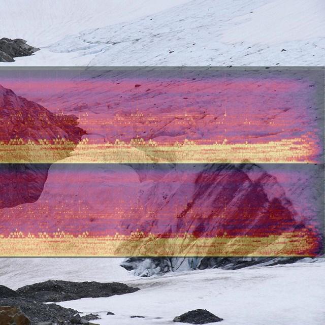 An audio waveform, semi-transparent, superimposed over rocks and glacial ice.