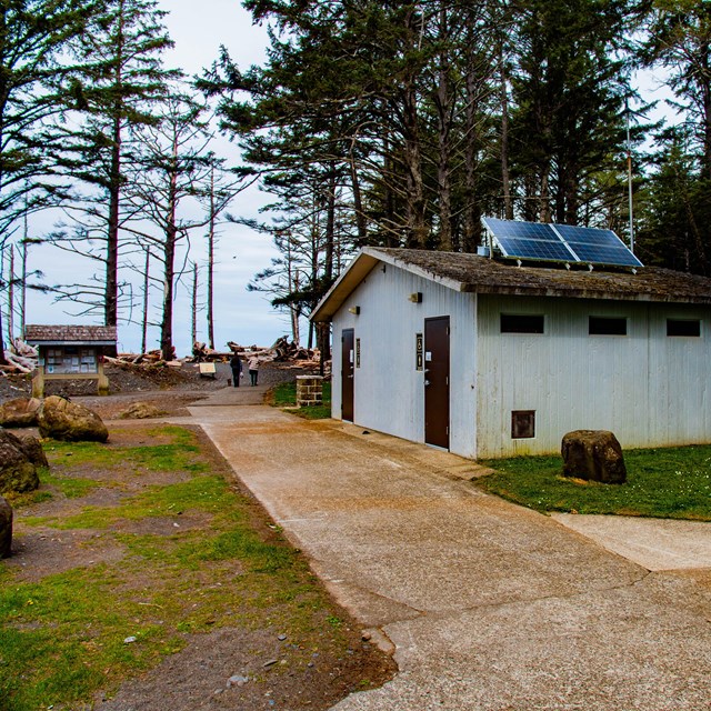 A paved sidewalk leads past a simple restroom building, through trees toward a barely visible ocean.