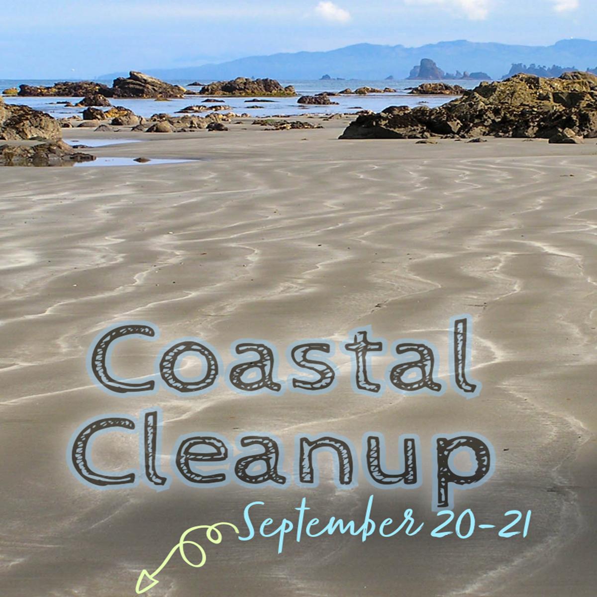 Undulating lines of white and brown sand on a beach. Text reads Coastal Cleanup September 20-21