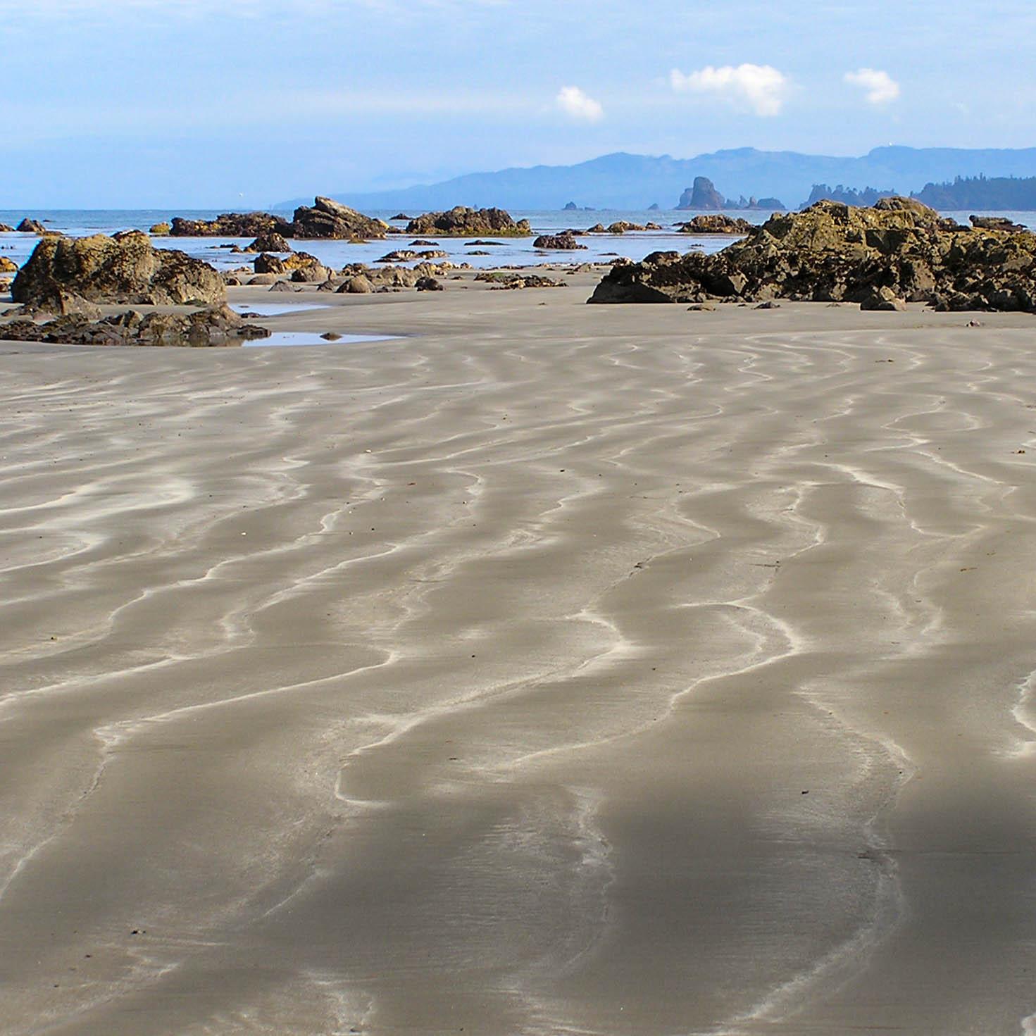 Wavy lines of sand on a beach. 